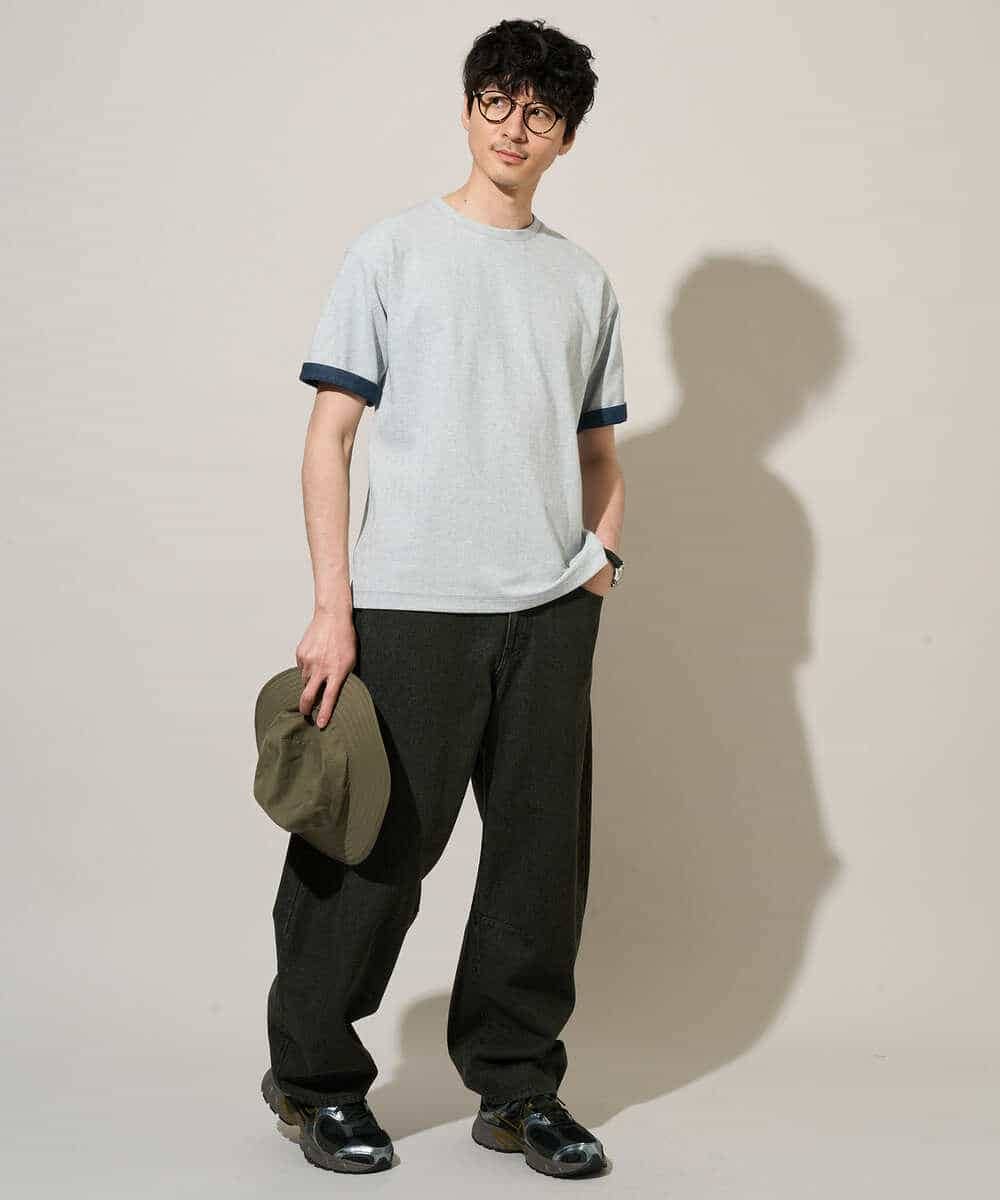 KHKGD37044 a.v.v MEN(アー・ヴェ・ヴェ) 【イージーケア/洗濯機で洗える/接触冷感】ヘリンボーンストレッチダブルフェイスカットソー ネイビー