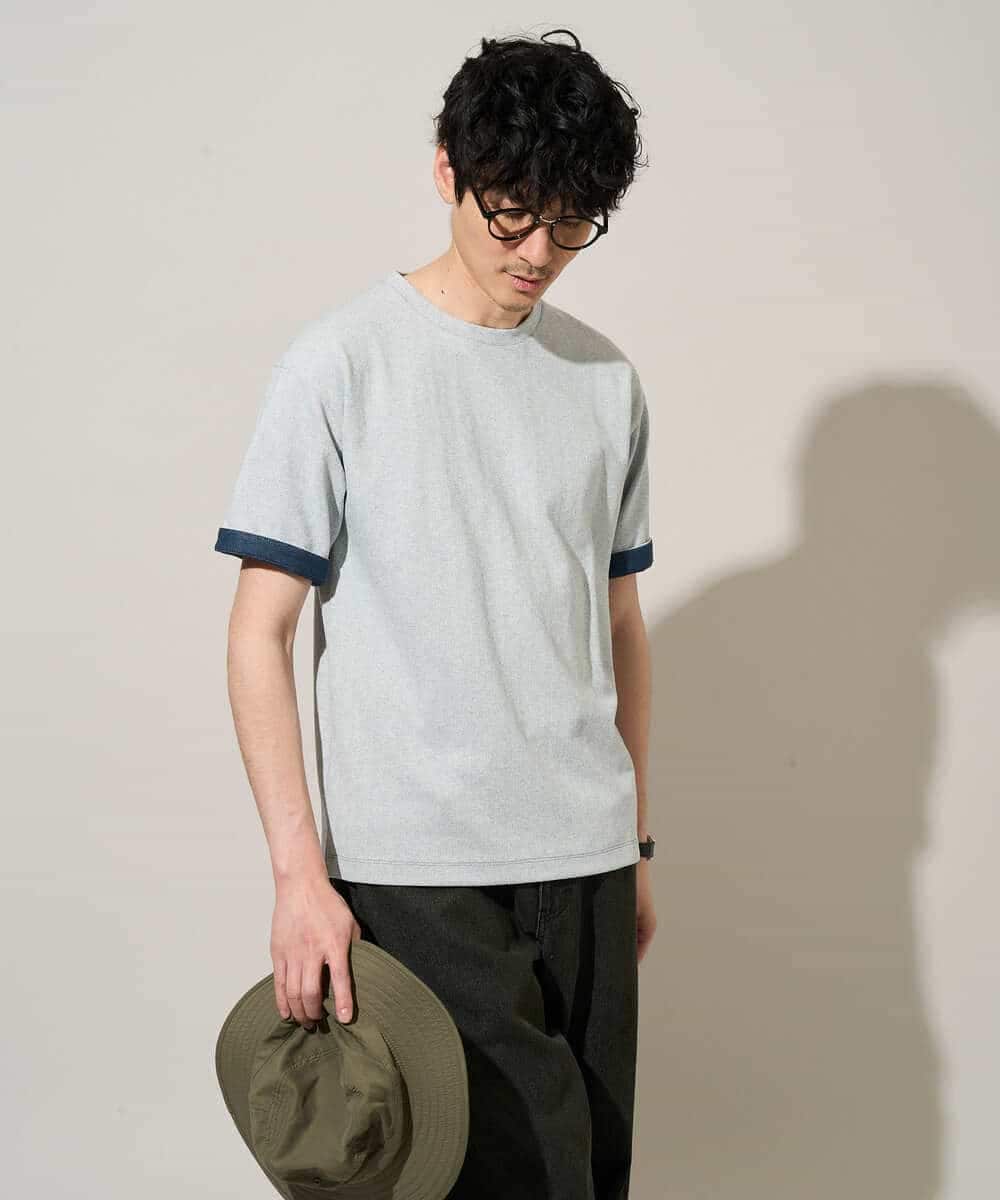 KHKGD37044 a.v.v MEN(アー・ヴェ・ヴェ) 【イージーケア/洗濯機で洗える/接触冷感】ヘリンボーンストレッチダブルフェイスカットソー ネイビー