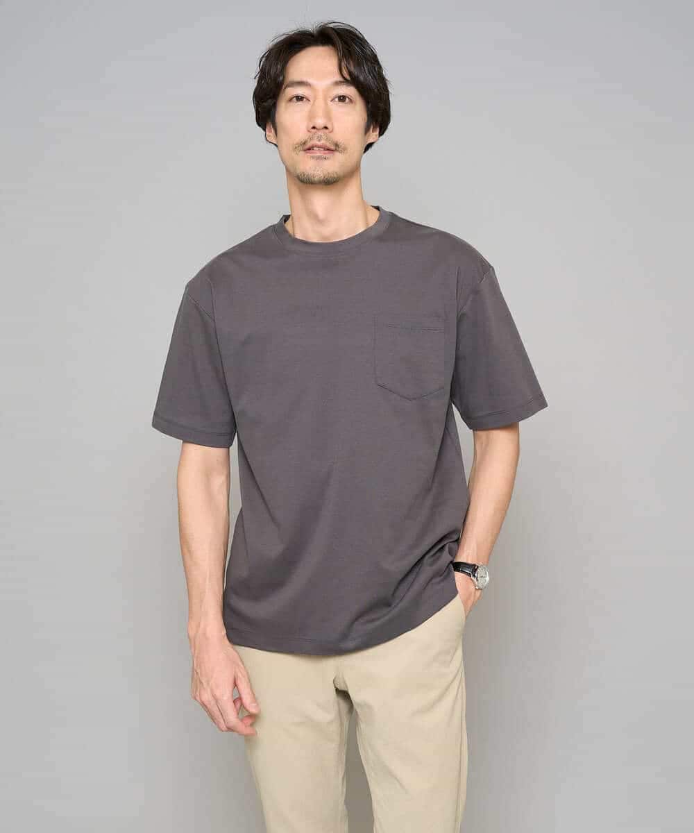 KHKGD40039 a.v.v MEN(アー・ヴェ・ヴェ) 【洗濯機で洗える/接触冷感/UVカット/毛玉になりにくい】シルケットスムースワイドシルエットカットソー ダークグレー