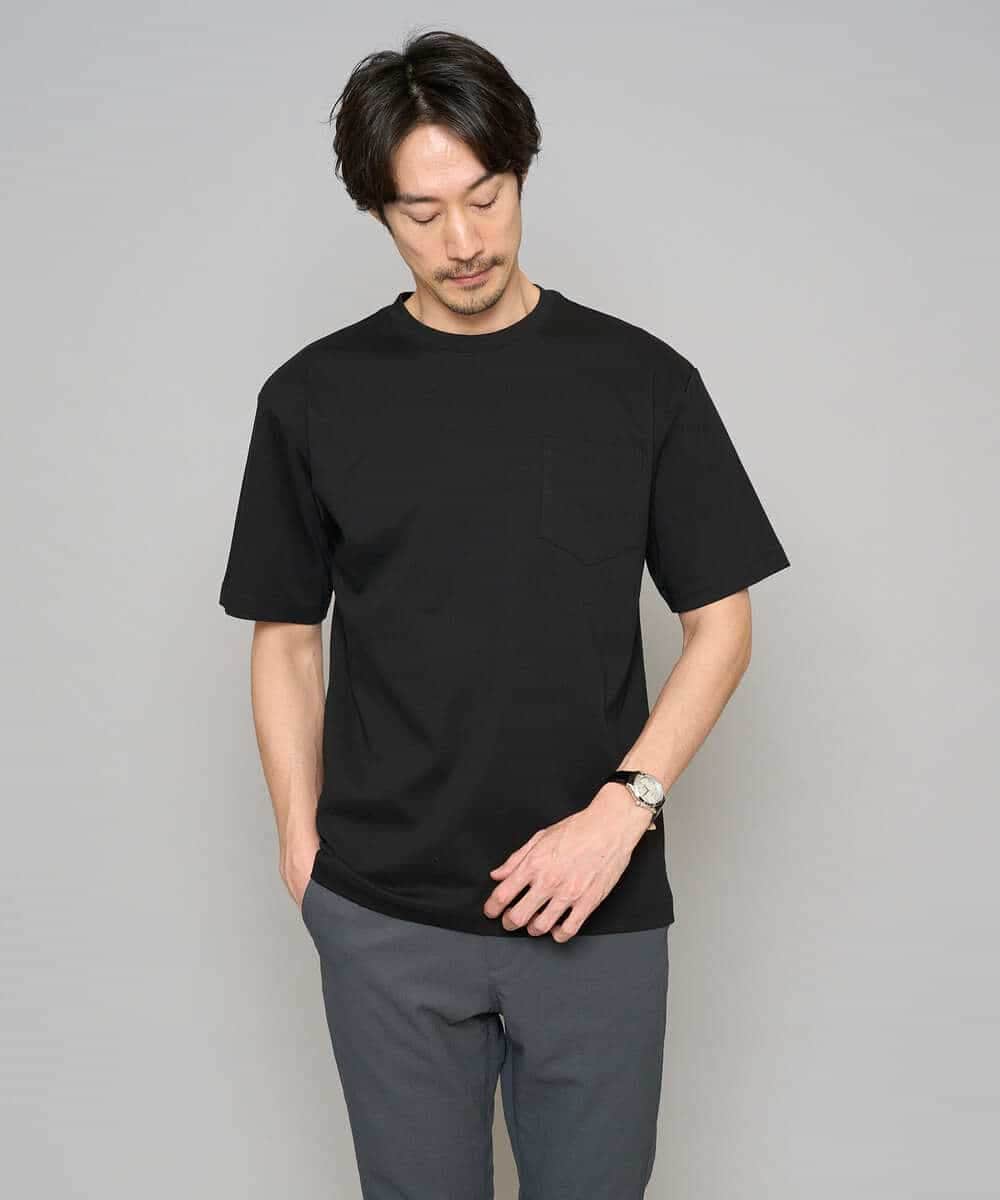 KHKGD40039 a.v.v MEN(アー・ヴェ・ヴェ) 【洗濯機で洗える/接触冷感/UVカット/毛玉になりにくい】シルケットスムースワイドシルエットカットソー ブラック