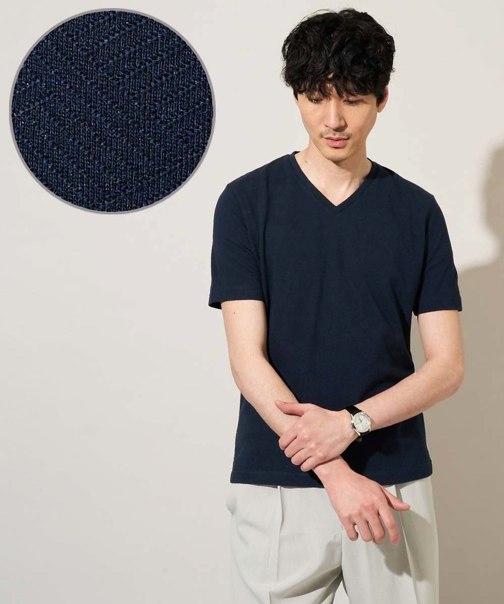 KHKGD76044 a.v.v MEN(アー・ヴェ・ヴェ) 【イージーケア/洗濯機で洗える】キカジャカードＶネックスマートＴシャツ ネイビー