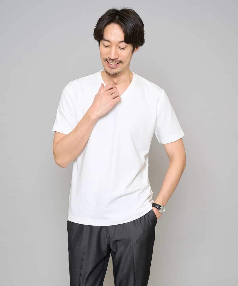 KHKGD76044 a.v.v MEN(アー・ヴェ・ヴェ) 【イージーケア/洗濯機で洗える】キカジャカードＶネックスマートＴシャツ ライトグレー