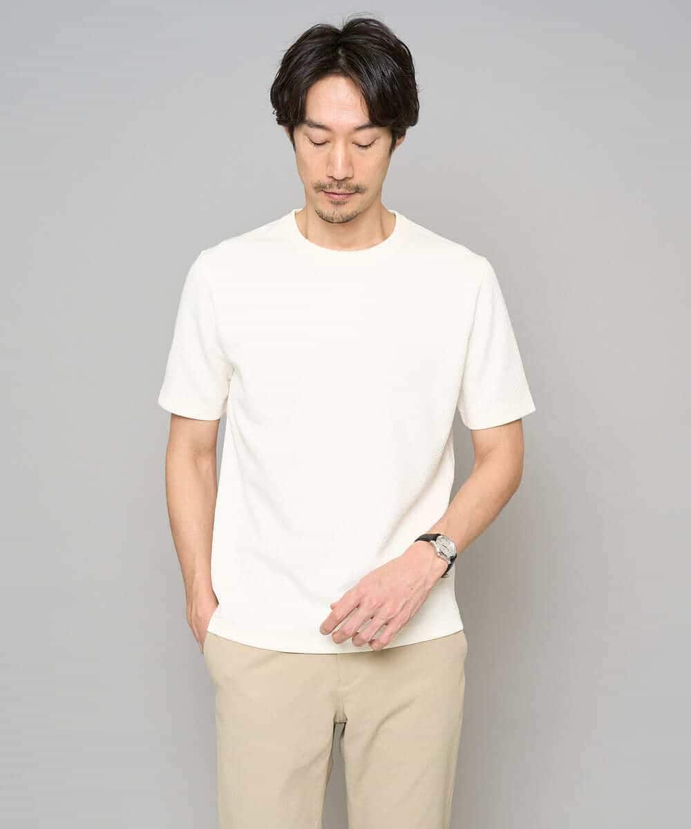 KHKGD77049 a.v.v MEN(アー・ヴェ・ヴェ) 【イージーケア/洗濯機で洗える/毛玉になりにくい】ライトキカジャカードクルーネックスマートＴシャツ アイボリー