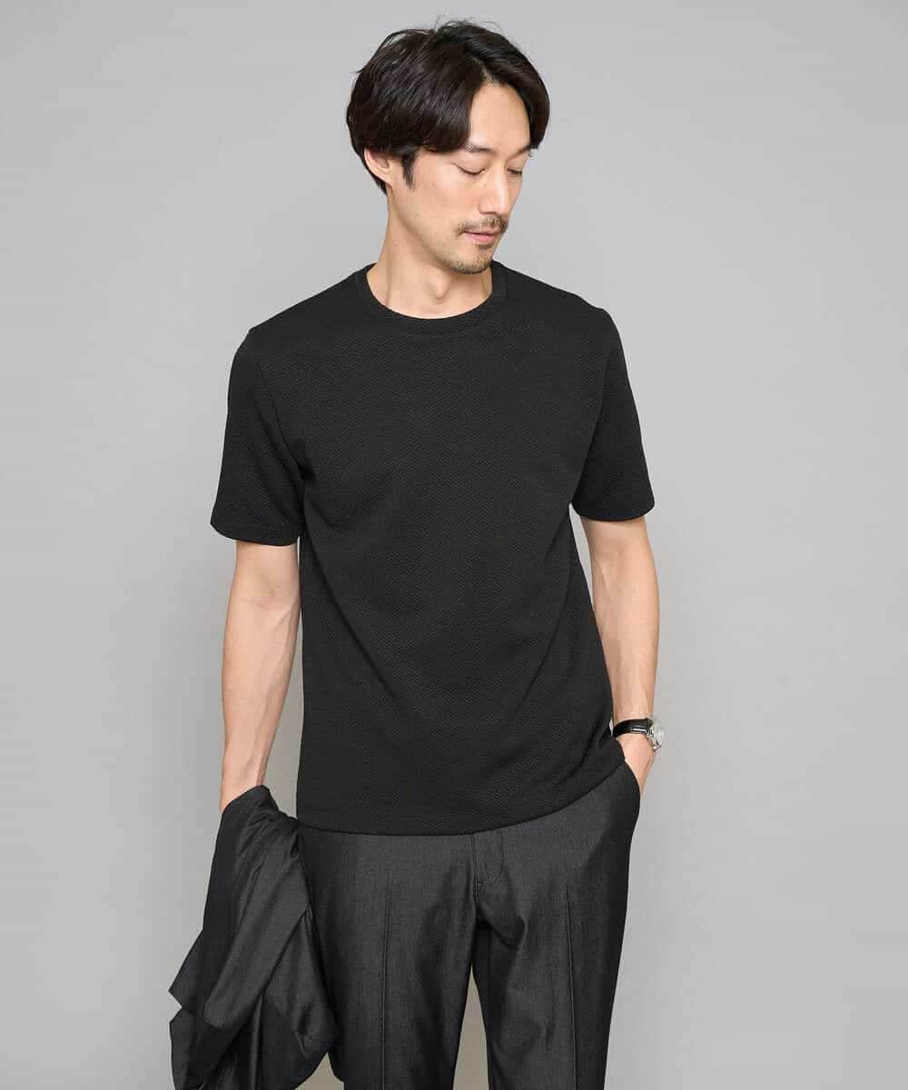 KHKGD77049 a.v.v MEN(アー・ヴェ・ヴェ) 【イージーケア/洗濯機で洗える/毛玉になりにくい】ライトキカジャカードクルーネックスマートＴシャツ ブラック