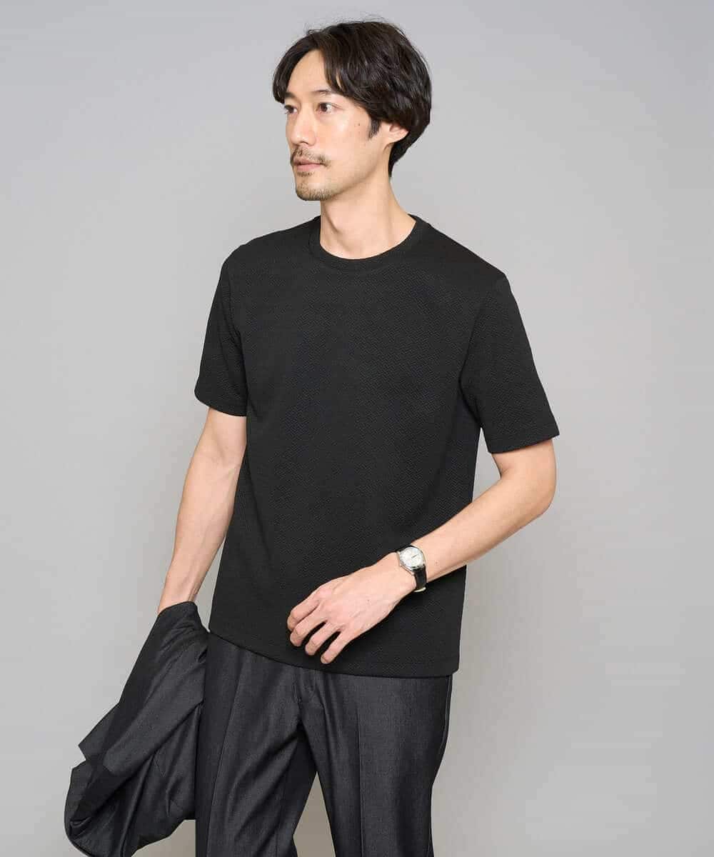 KHKGD77049 a.v.v MEN(アー・ヴェ・ヴェ) 【イージーケア/洗濯機で洗える/毛玉になりにくい】ライトキカジャカードクルーネックスマートＴシャツ ブラック
