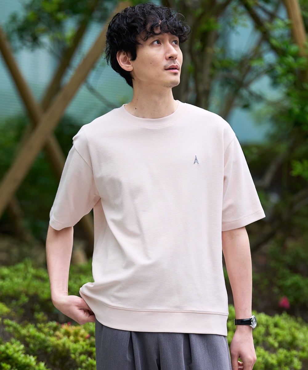 KHKGD89039 a.v.v MEN(アー・ヴェ・ヴェ) 夏カットソー人気NO.1【接触冷感】ライトアゼ１ポイントシシュウスウェットＴ〈イージーケア/洗濯機で洗える/毛玉になりにくい〉 ピンク