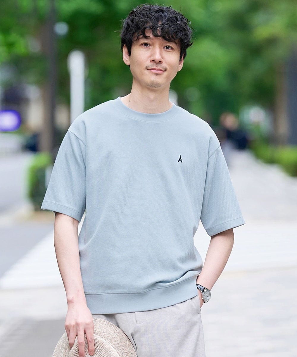 KHKGD89039 a.v.v MEN(アー・ヴェ・ヴェ) 夏カットソー人気NO.1【接触冷感】ライトアゼ１ポイントシシュウスウェットＴ〈イージーケア/洗濯機で洗える/毛玉になりにくい〉 ライトグリーン