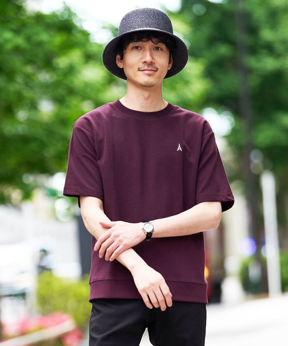 KHKGD89039 a.v.v MEN(アー・ヴェ・ヴェ) 夏カットソー人気NO.1【接触冷感】ライトアゼ１ポイントシシュウスウェットＴ〈イージーケア/洗濯機で洗える/毛玉になりにくい〉 ボルドー