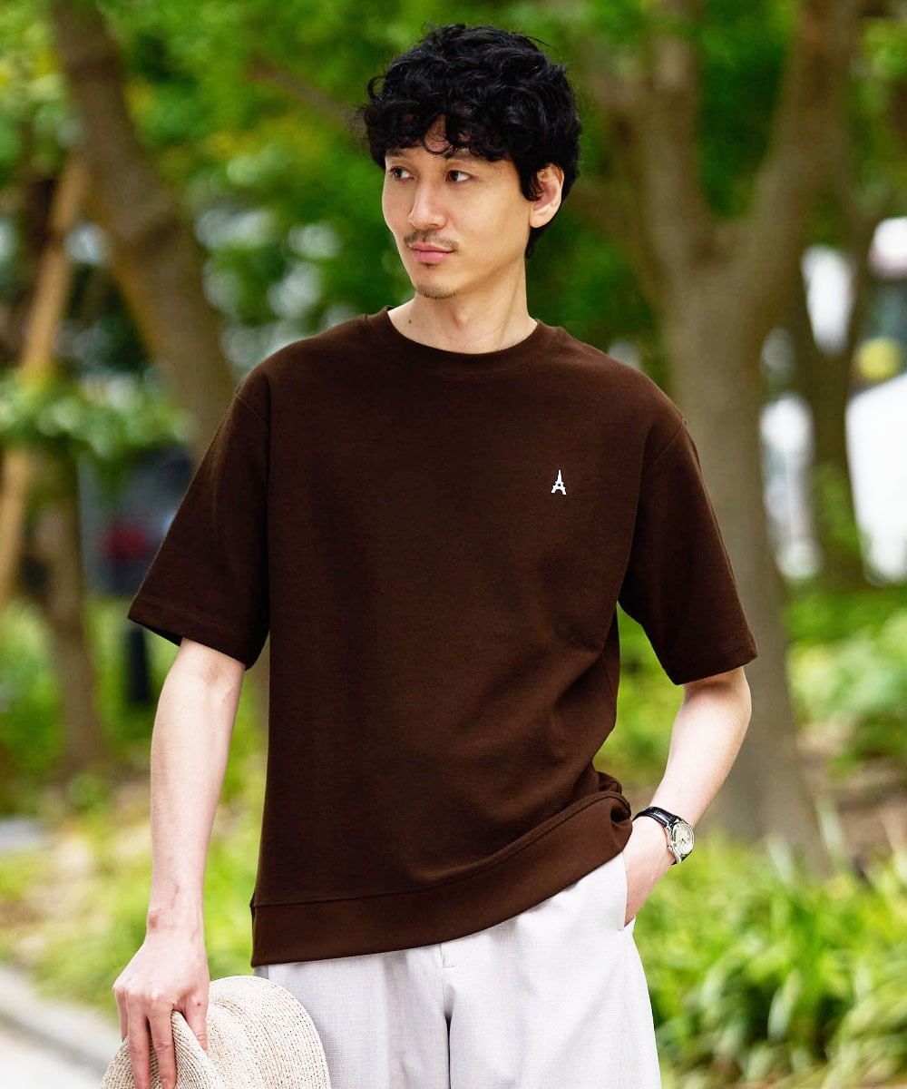 KHKGD89039 a.v.v MEN(アー・ヴェ・ヴェ) 夏カットソー人気NO.1【接触冷感】ライトアゼ１ポイントシシュウスウェットＴ〈イージーケア/洗濯機で洗える/毛玉になりにくい〉 ブラウン