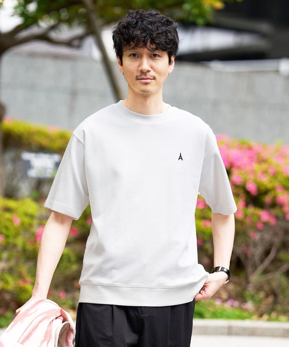 KHKGD89039 a.v.v MEN(アー・ヴェ・ヴェ) 夏カットソー人気NO.1【接触冷感】ライトアゼ１ポイントシシュウスウェットＴ〈イージーケア/洗濯機で洗える/毛玉になりにくい〉 ホワイト