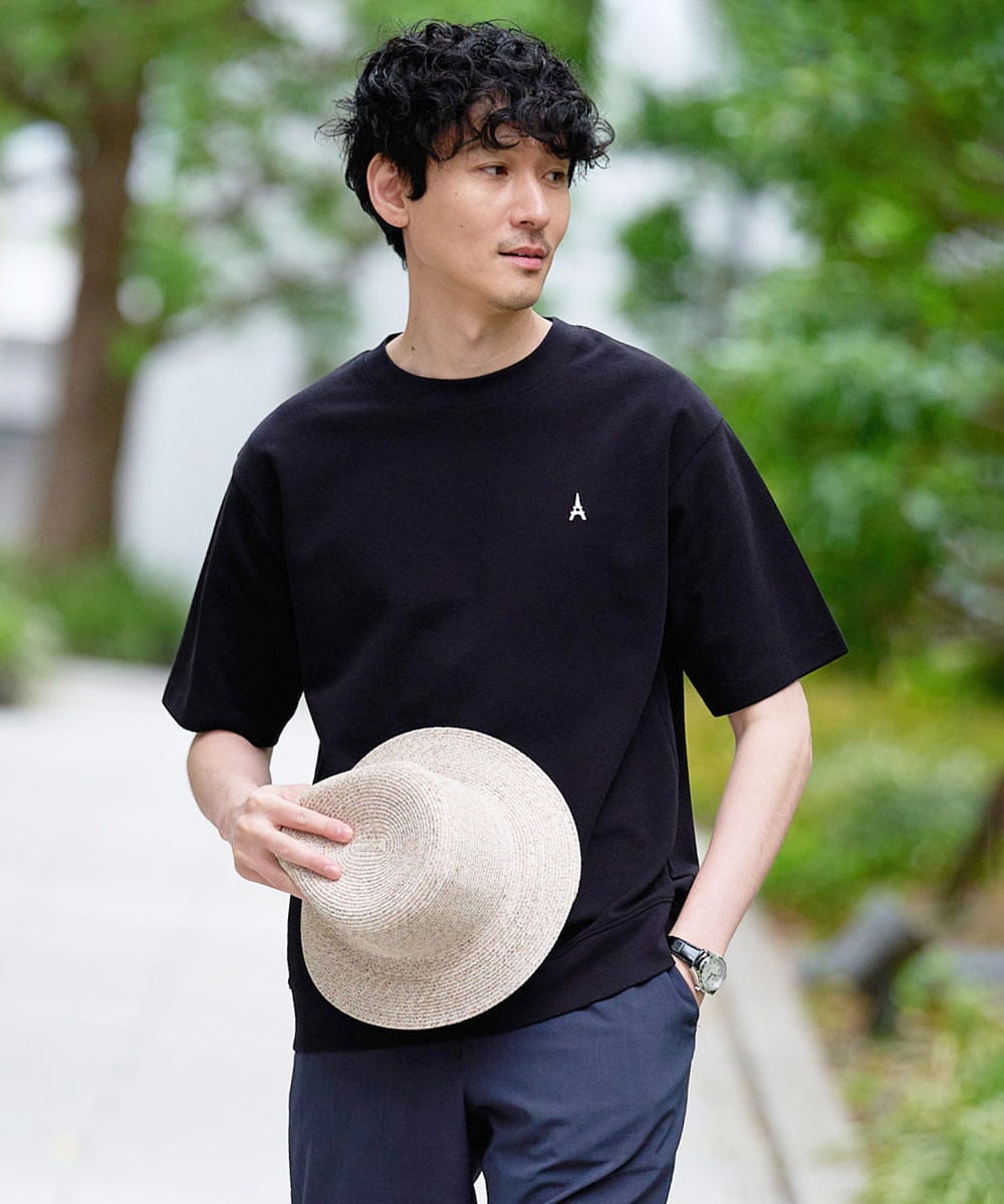 KHKGD89039 a.v.v MEN(アー・ヴェ・ヴェ) 夏カットソー人気NO.1【接触冷感】ライトアゼ１ポイントシシュウスウェットＴ〈イージーケア/洗濯機で洗える/毛玉になりにくい〉 ブラック