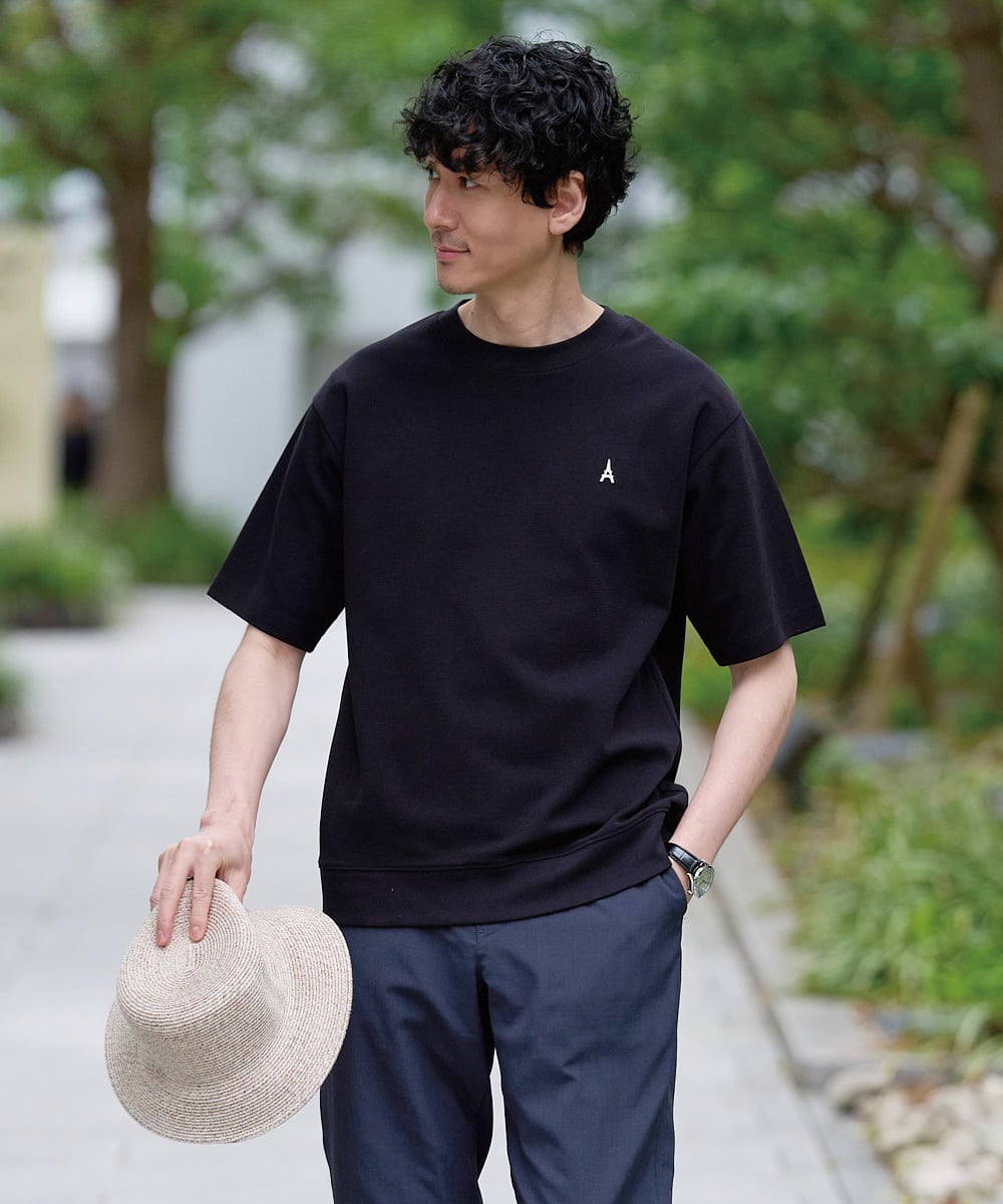 KHKGD89039 a.v.v MEN(アー・ヴェ・ヴェ) 夏カットソー人気NO.1【接触冷感】ライトアゼ１ポイントシシュウスウェットＴ〈イージーケア/洗濯機で洗える/毛玉になりにくい〉 ブラック