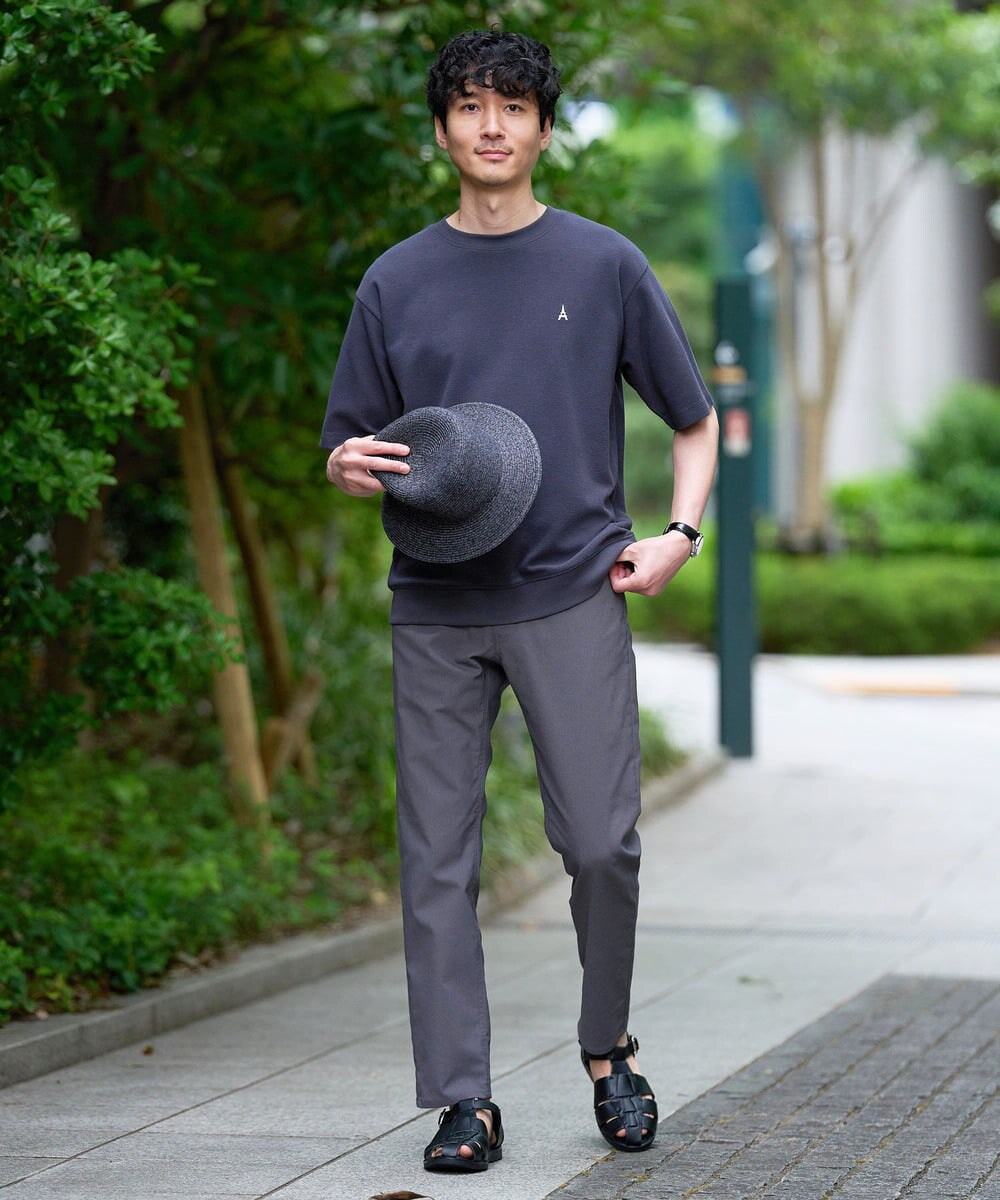 KHKGD89039 a.v.v MEN(アー・ヴェ・ヴェ) 夏カットソー人気NO.1【接触冷感】ライトアゼ１ポイントシシュウスウェットＴ〈イージーケア/洗濯機で洗える/毛玉になりにくい〉 ブラック