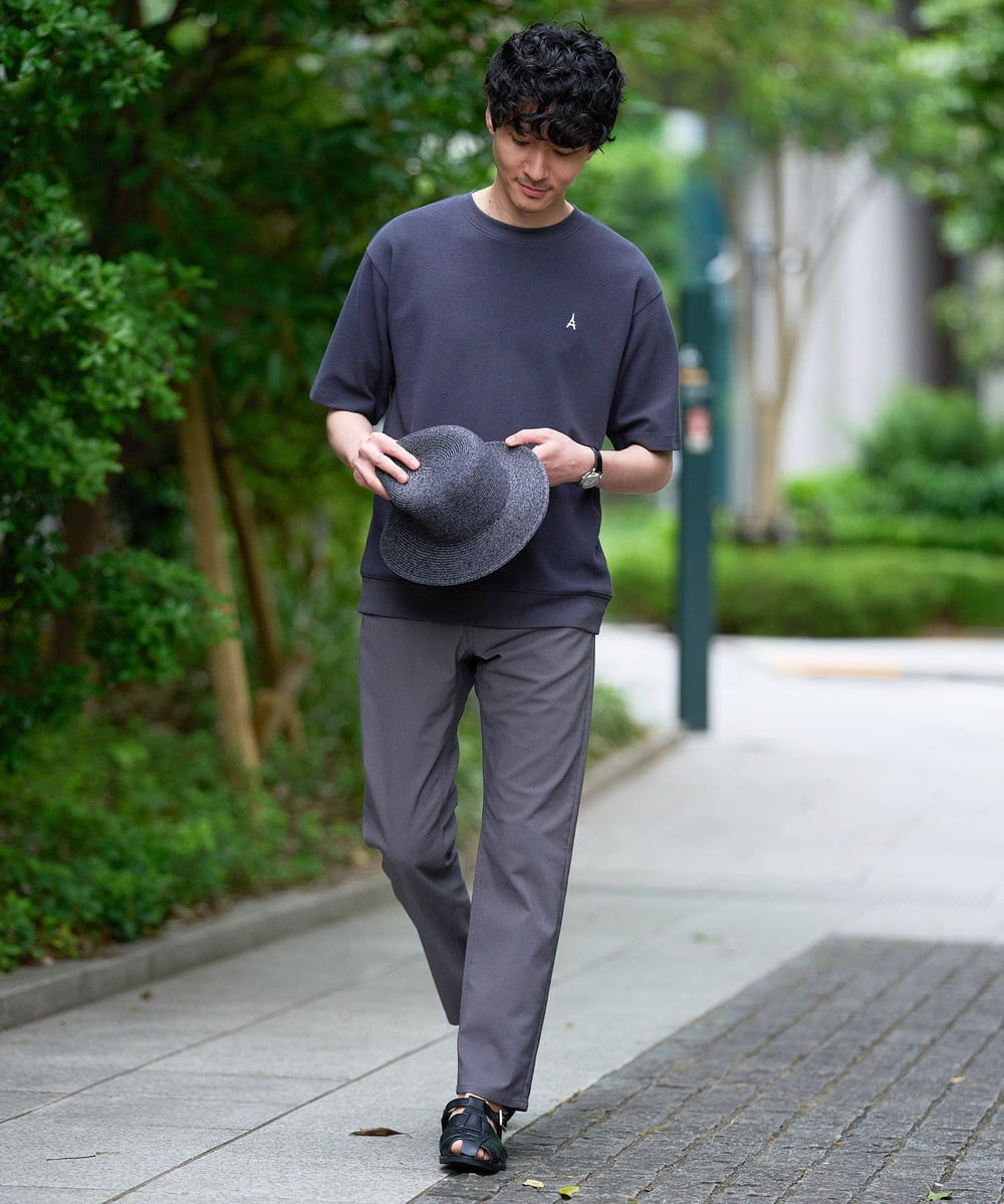 KHKGD89039 a.v.v MEN(アー・ヴェ・ヴェ) 夏カットソー人気NO.1【接触冷感】ライトアゼ１ポイントシシュウスウェットＴ〈イージーケア/洗濯機で洗える/毛玉になりにくい〉 ブラック