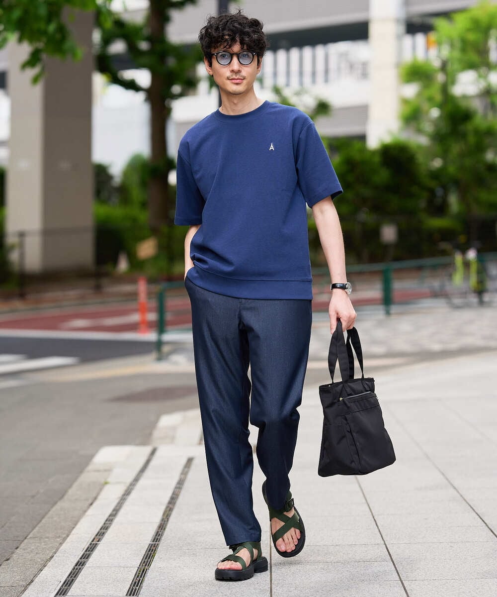 KHKGD89039 a.v.v MEN(アー・ヴェ・ヴェ) 夏カットソー人気NO.1【接触冷感】ライトアゼ１ポイントシシュウスウェットＴ〈イージーケア/洗濯機で洗える/毛玉になりにくい〉 ブラック