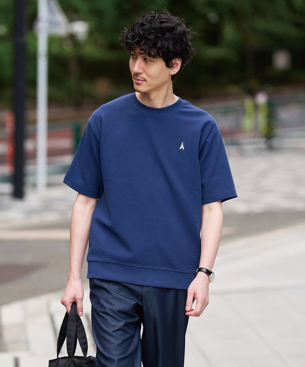 KHKGD89039 a.v.v MEN(アー・ヴェ・ヴェ) 夏カットソー人気NO.1【接触冷感】ライトアゼ１ポイントシシュウスウェットＴ〈イージーケア/洗濯機で洗える/毛玉になりにくい〉 ブラック
