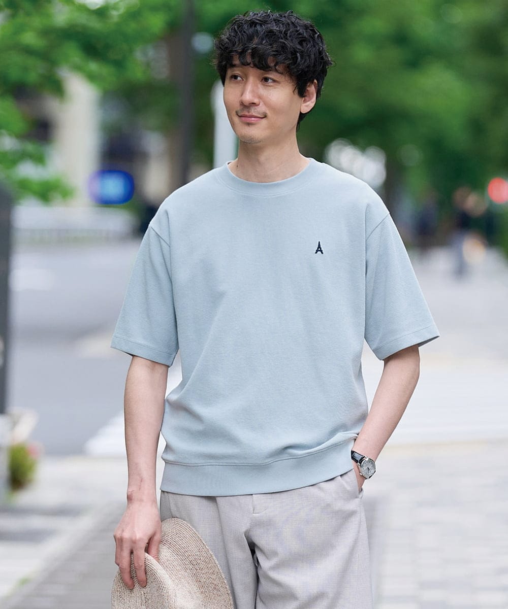 KHKGD89039 a.v.v MEN(アー・ヴェ・ヴェ) 夏カットソー人気NO.1【接触冷感】ライトアゼ１ポイントシシュウスウェットＴ〈イージーケア/洗濯機で洗える/毛玉になりにくい〉 ブラック
