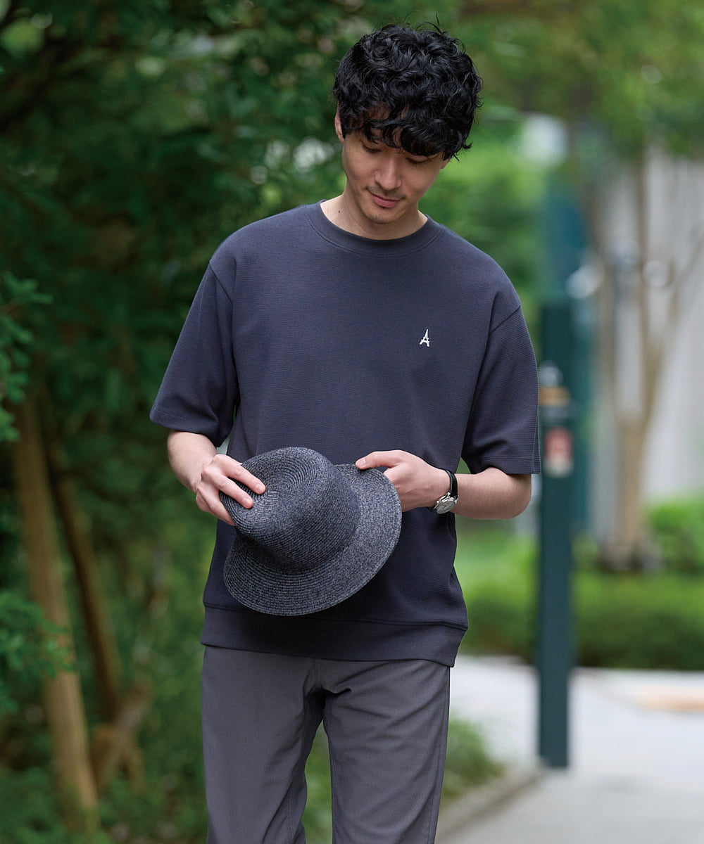 KHKGD89039 a.v.v MEN(アー・ヴェ・ヴェ) 夏カットソー人気NO.1【接触冷感】ライトアゼ１ポイントシシュウスウェットＴ〈イージーケア/洗濯機で洗える/毛玉になりにくい〉 ブラック