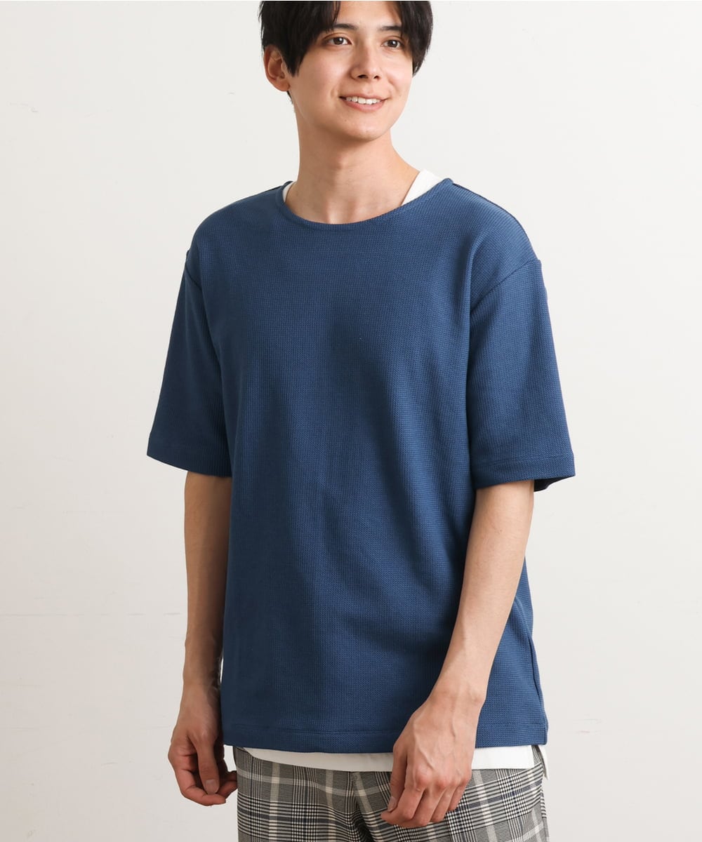 KHKGS35044 a.v.v MEN(アー・ヴェ・ヴェ) 【S-XXL/2SET】ハニカムダブルフェイスカットソー（タンクトップ付） ブルー