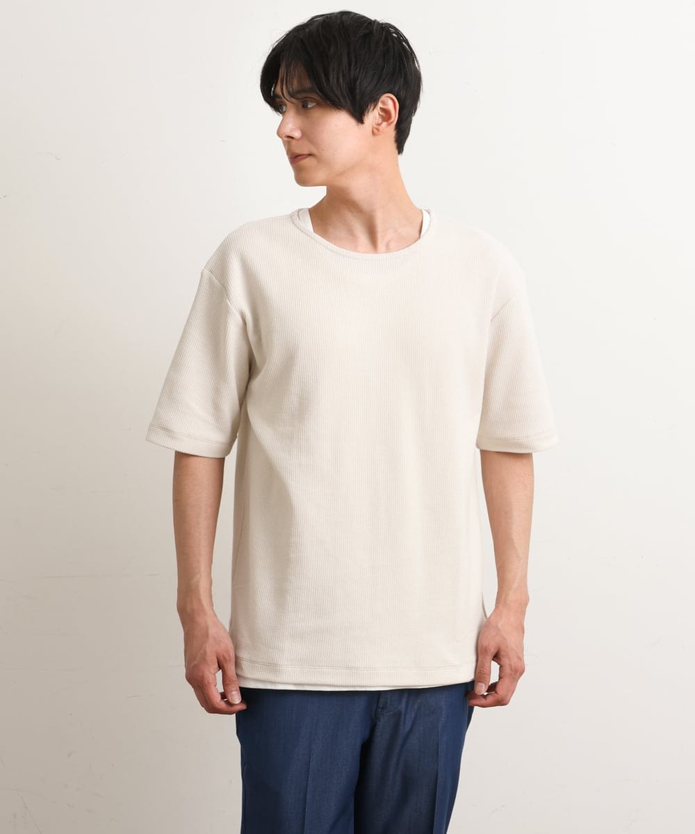 KHKGS35044 a.v.v MEN(アー・ヴェ・ヴェ) 【S-XXL/2SET】ハニカムダブルフェイスカットソー（タンクトップ付） ネイビー