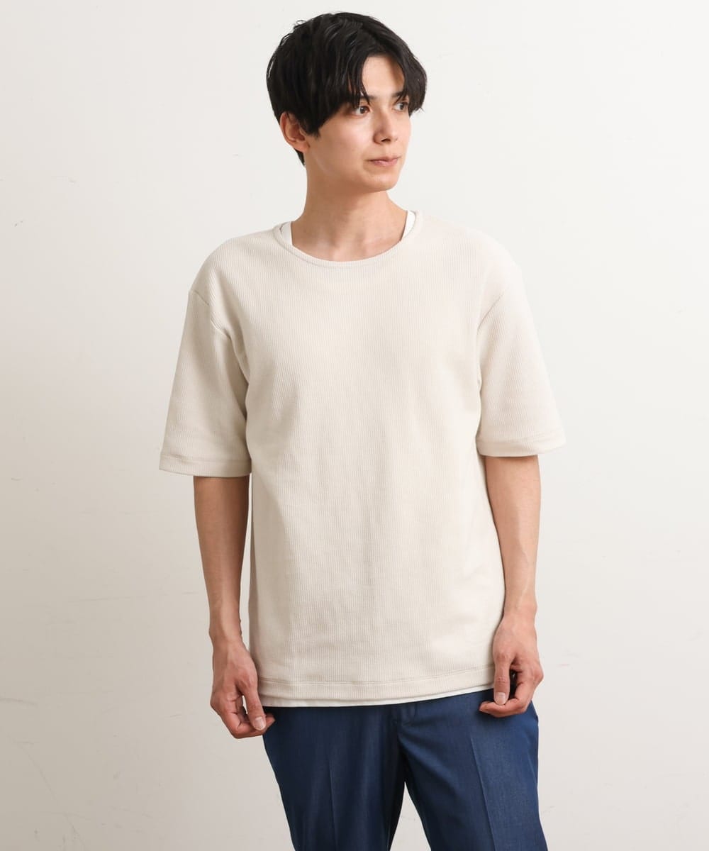 KHKGS35044 a.v.v MEN(アー・ヴェ・ヴェ) 【S-XXL/2SET】ハニカムダブルフェイスカットソー（タンクトップ付） ネイビー