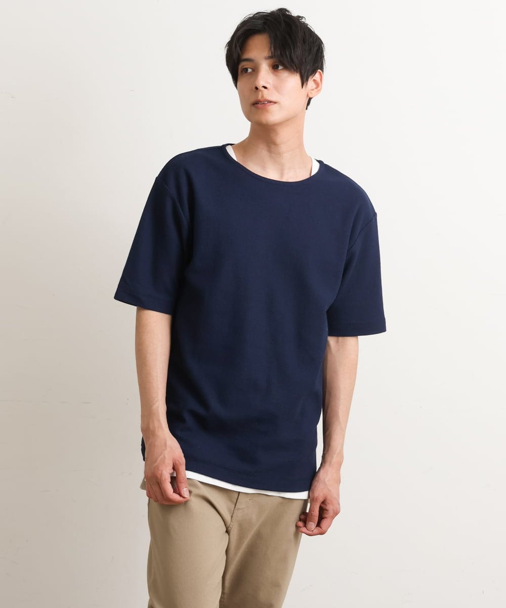 KHKGS35044 a.v.v MEN(アー・ヴェ・ヴェ) 【S-XXL/2SET】ハニカムダブルフェイスカットソー（タンクトップ付） ネイビー