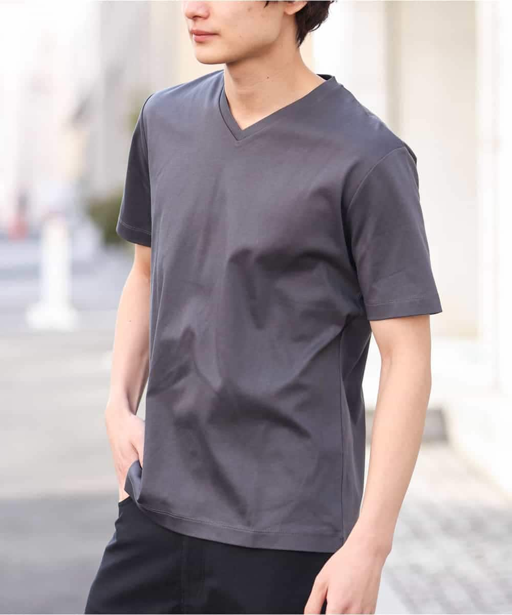 KHKGS41034 a.v.v MEN(アー・ヴェ・ヴェ) 【接触冷感/S-XXL】シルケットスムースVネックTシャツ ダークグレー