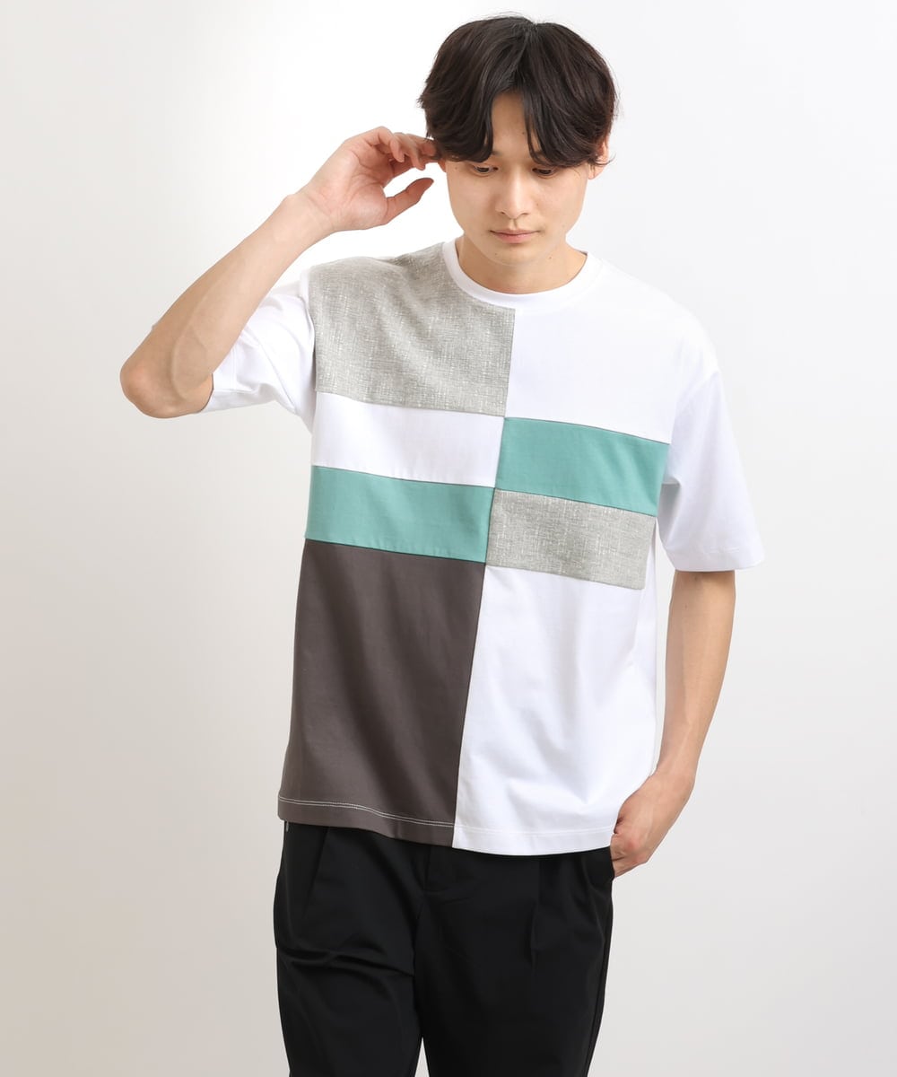 KHKGS46039 a.v.v MEN(アー・ヴェ・ヴェ) 【S-XXL】パッチワーク切り替えTシャツ ライトブルー