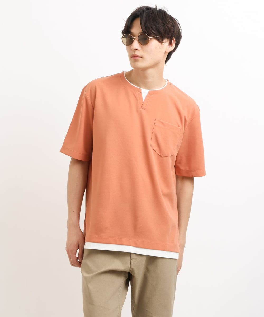 KHKGS50039 a.v.v MEN(アー・ヴェ・ヴェ) 【接触冷感/S-XXL】梨地フェイクレイヤードカットソー オレンジ