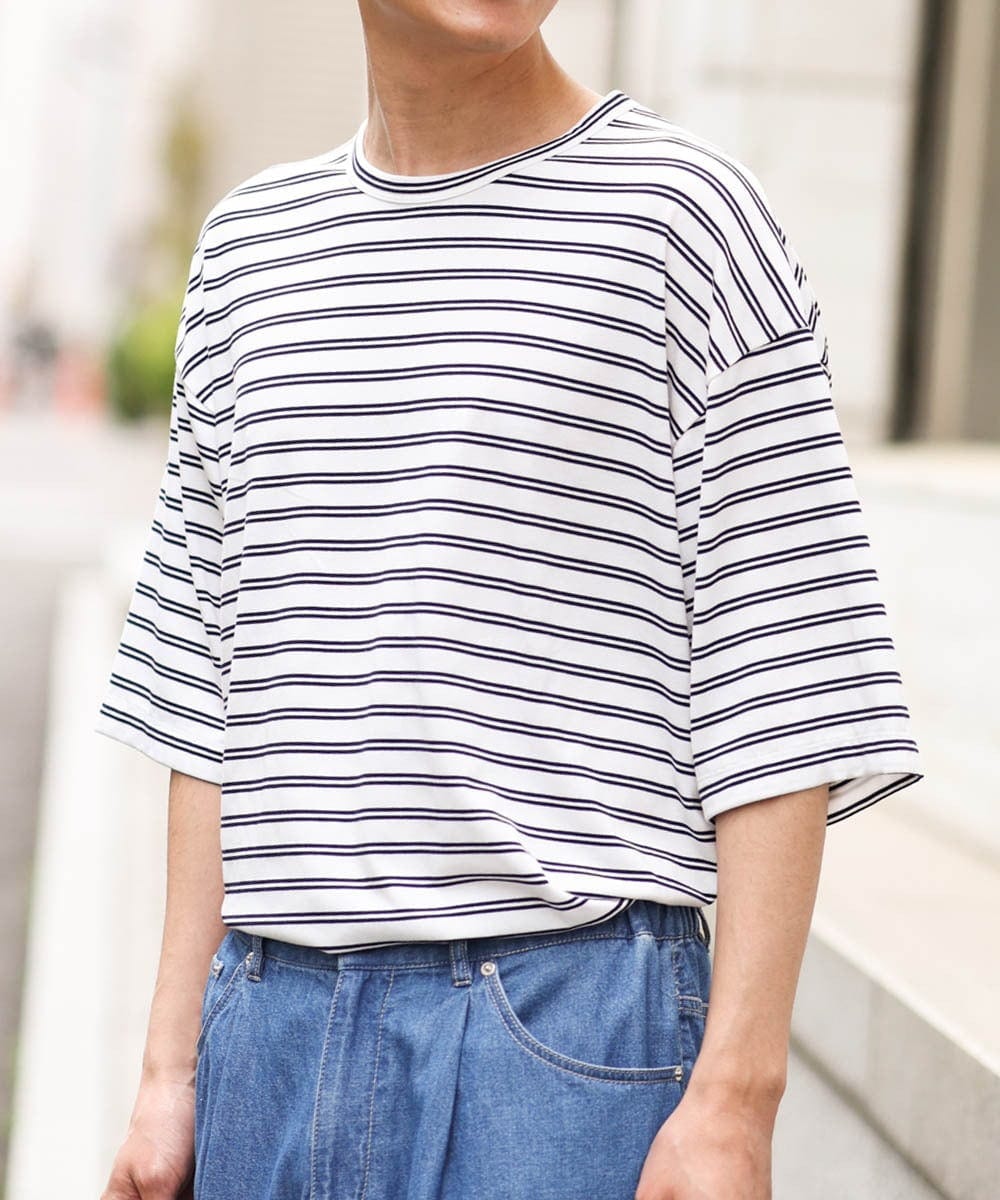 KHKGS54044 a.v.v MEN(アー・ヴェ・ヴェ) 【接触冷感】ワイドシルエットボーダーTシャツ ホワイト