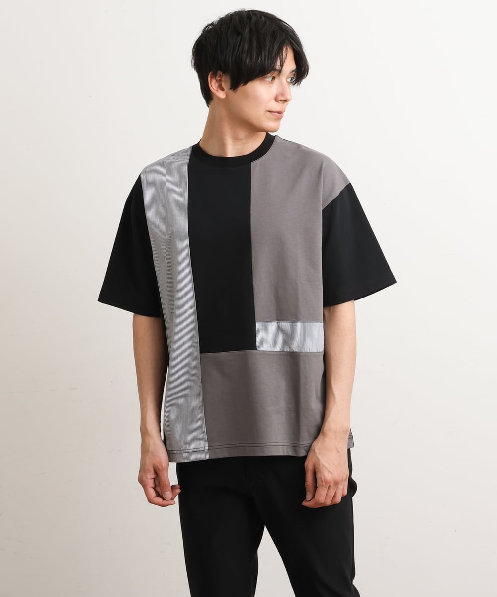 KHKGS68054 a.v.v MEN(アー・ヴェ・ヴェ) パッチワーク切り替えワイドシルエットカットソー（デザテクシリーズ） ホワイト