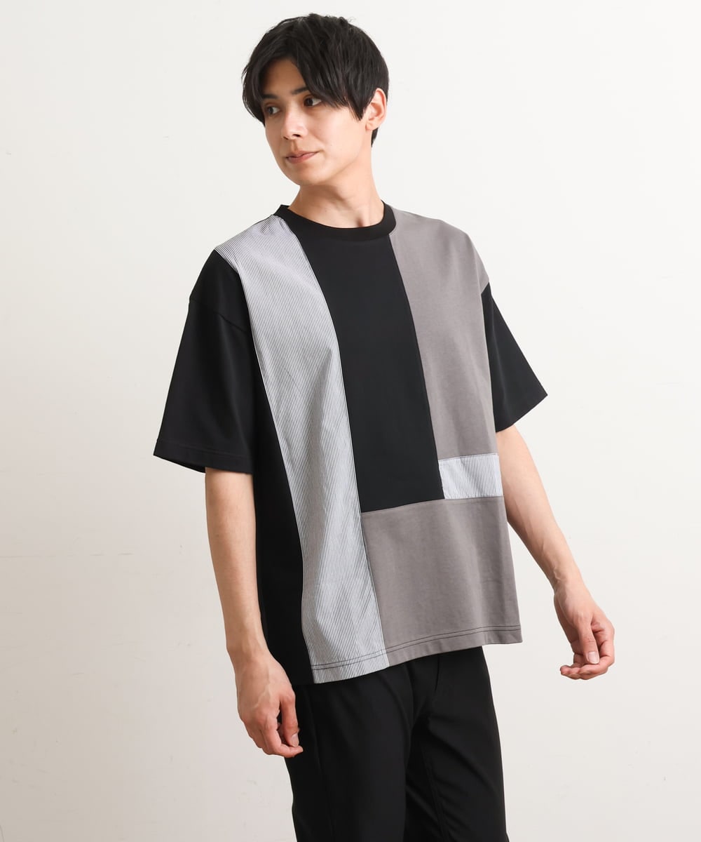 KHKGS68054 a.v.v MEN(アー・ヴェ・ヴェ) パッチワーク切り替えワイドシルエットカットソー（デザテクシリーズ） ホワイト