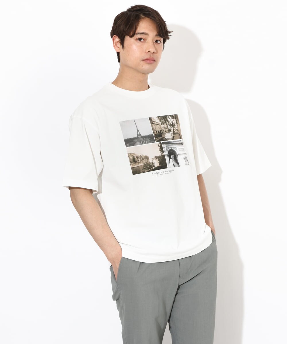 KHKGV32044 a.v.v MEN(アー・ヴェ・ヴェ) 【接触冷感】PARISフォトプリントワイドシルエットTシャツ ホワイト