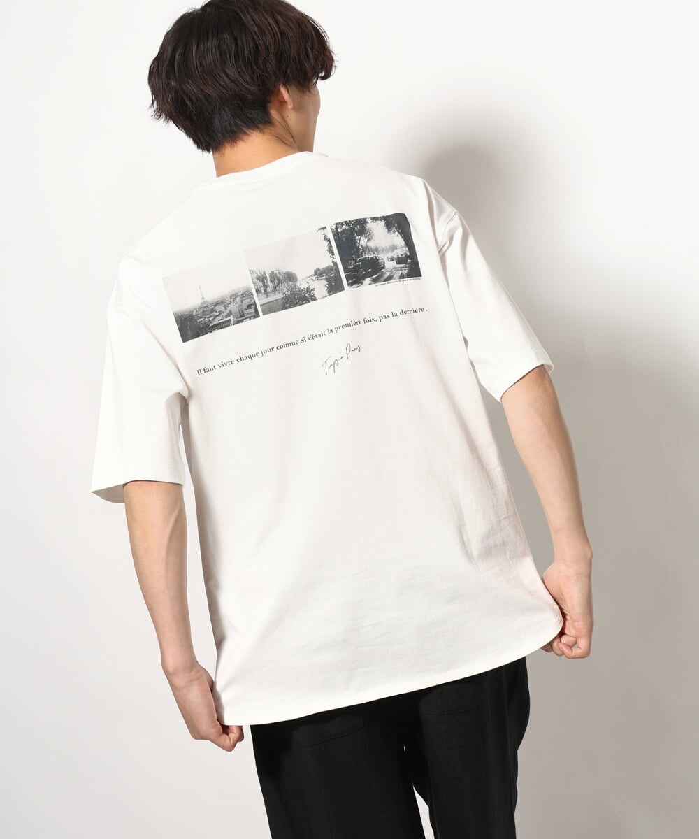 KHKGV33044 a.v.v MEN(アー・ヴェ・ヴェ) 【接触冷感】PARISフォト バックプリントロングシルエットTシャツ ホワイト