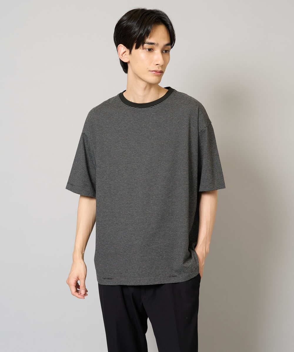 KHKGV38039 a.v.v MEN(アー・ヴェ・ヴェ) 【接触冷感】細ボーダーセミワイドシルエットTシャツ ブラック