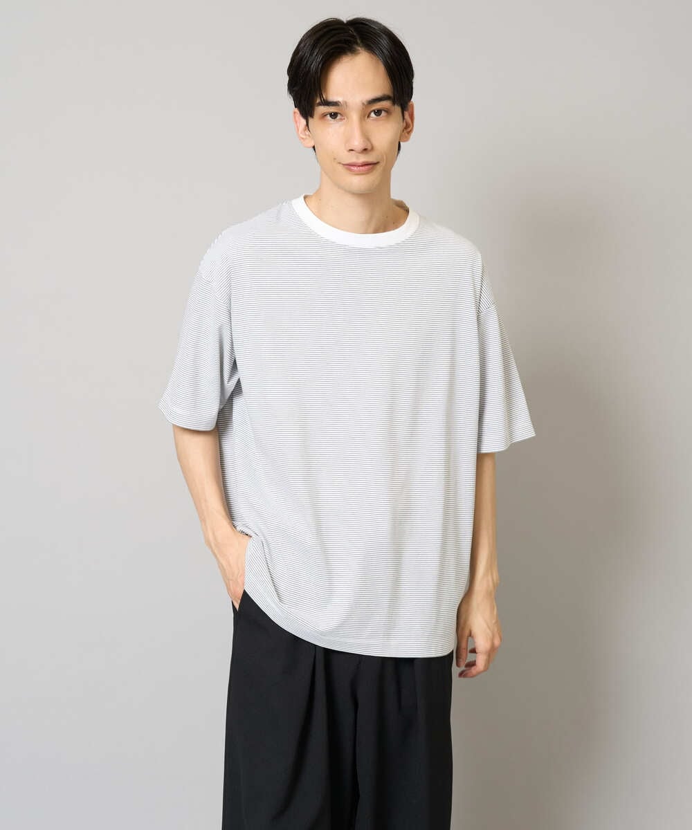 KHKGV38039 a.v.v MEN(アー・ヴェ・ヴェ) 【接触冷感】細ボーダーセミワイドシルエットTシャツ ブラック