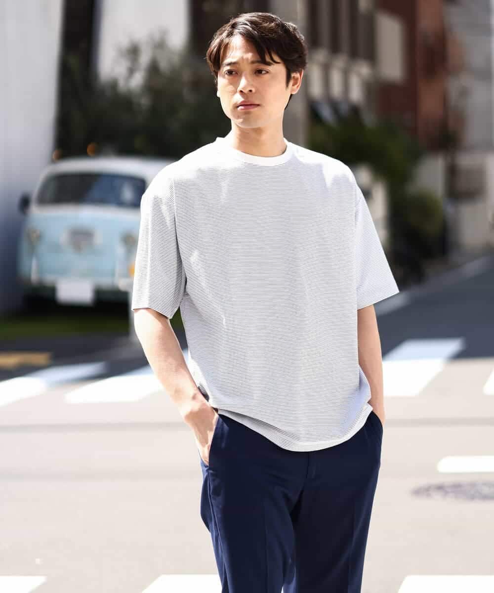 KHKGV38039 a.v.v MEN(アー・ヴェ・ヴェ) 【接触冷感】細ボーダーセミワイドシルエットTシャツ ブラック