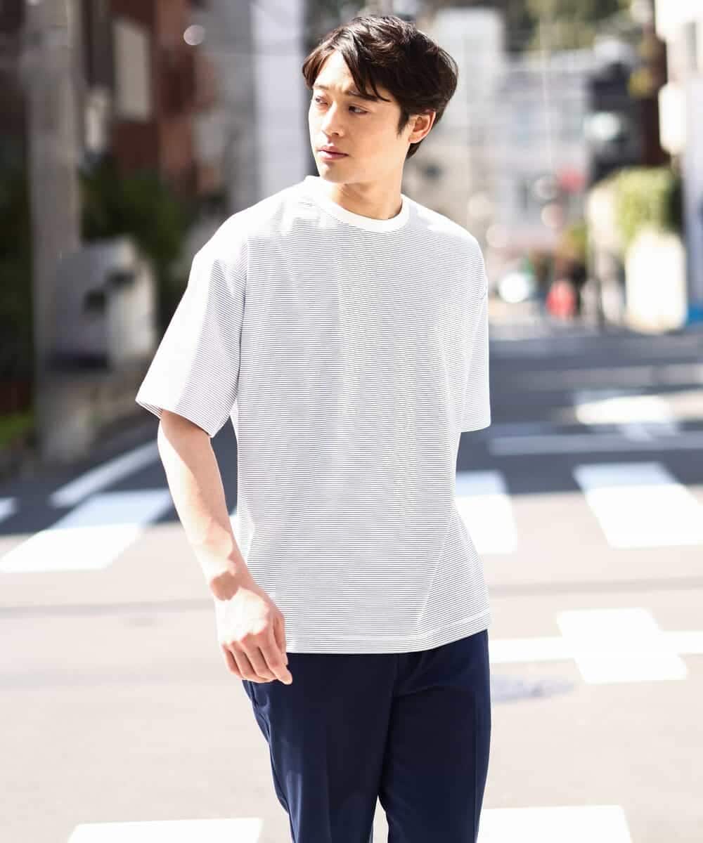 KHKGV38039 a.v.v MEN(アー・ヴェ・ヴェ) 【接触冷感】細ボーダーセミワイドシルエットTシャツ ブラック