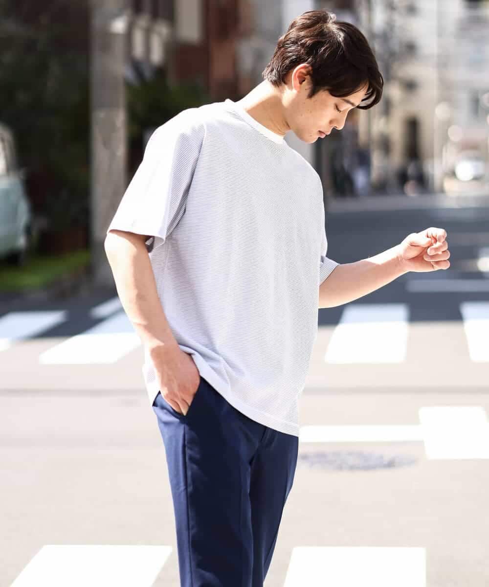 KHKGV38039 a.v.v MEN(アー・ヴェ・ヴェ) 【接触冷感】細ボーダーセミワイドシルエットTシャツ ブラック