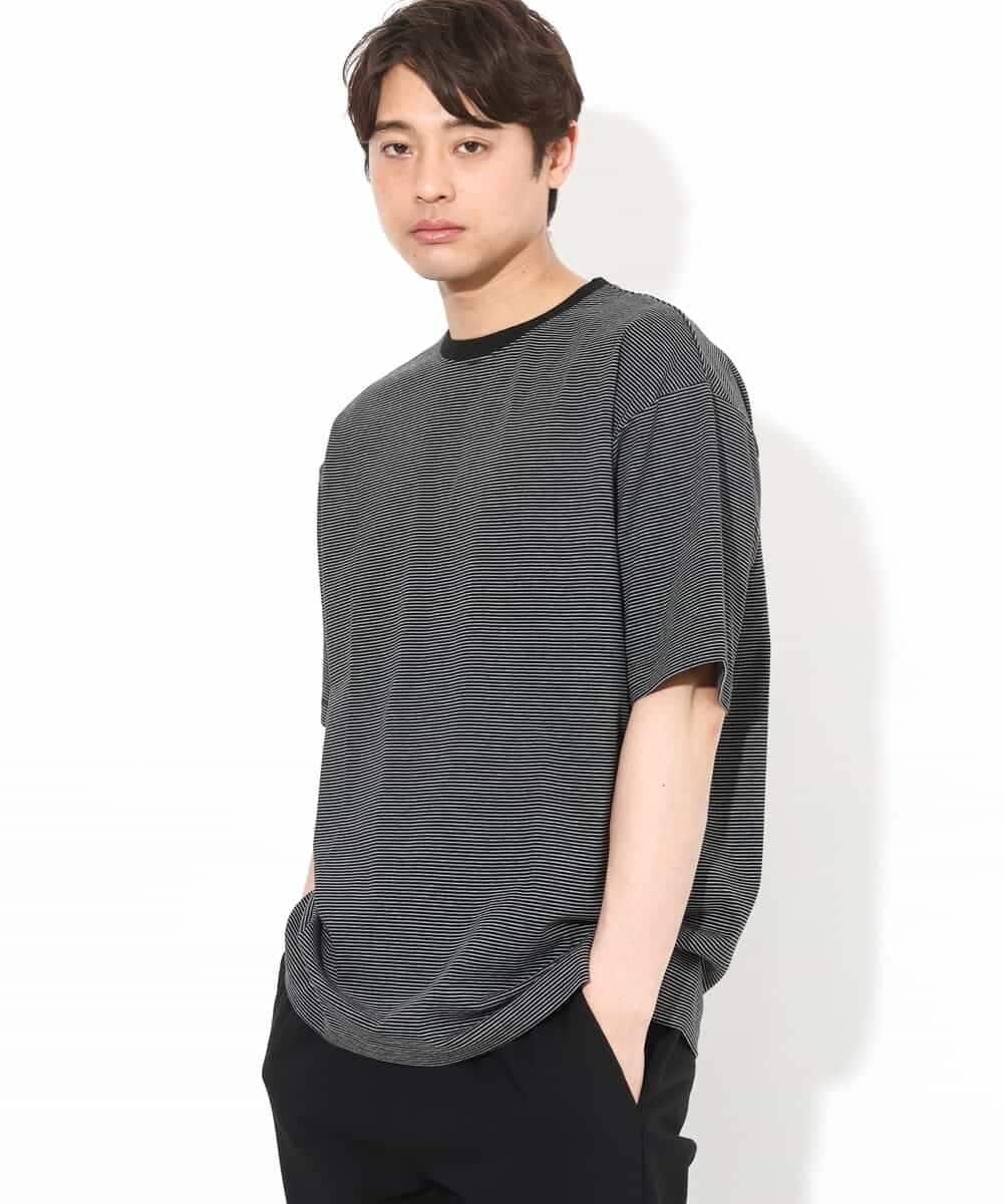 KHKGV38039 a.v.v MEN(アー・ヴェ・ヴェ) 【接触冷感】細ボーダーセミワイドシルエットTシャツ ブラック