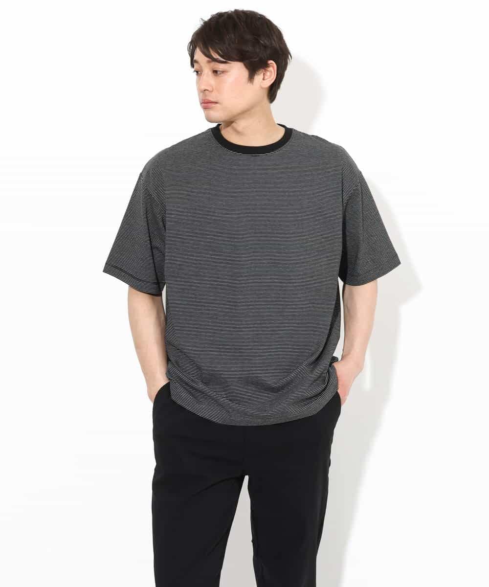 KHKGV38039 a.v.v MEN(アー・ヴェ・ヴェ) 【接触冷感】細ボーダーセミワイドシルエットTシャツ ブラック
