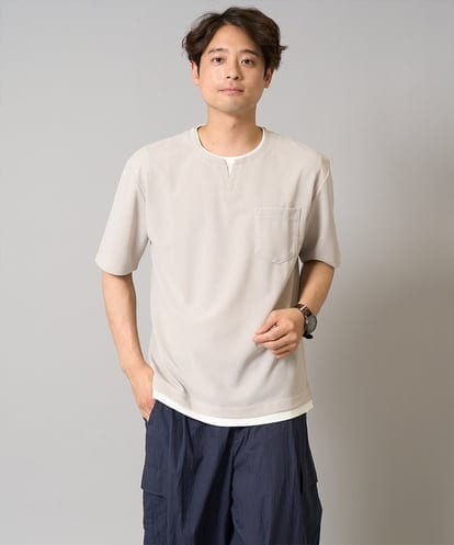 KHKGV50044 a.v.v MEN 【接触冷感】梨地フェイクレイヤードカットソー【イージーケア/ストレッチ】