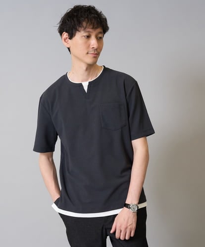 KHKGV50044 a.v.v MEN 【接触冷感】梨地フェイクレイヤードカットソー【イージーケア/ストレッチ】