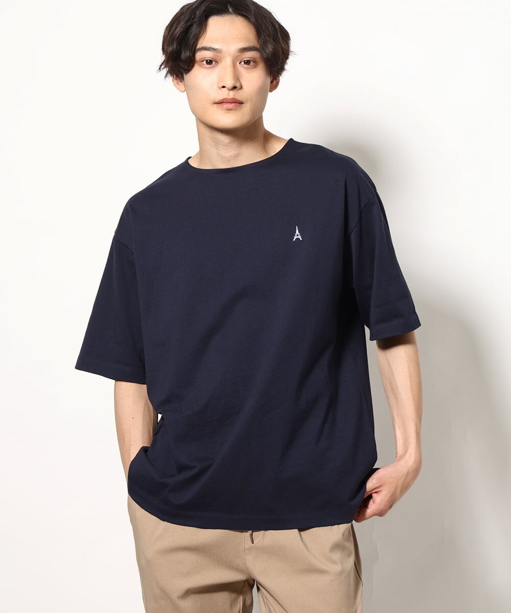 接触冷感】エッフェル塔刺繍ボートネックTシャツ(カットソー・Tシャツ  