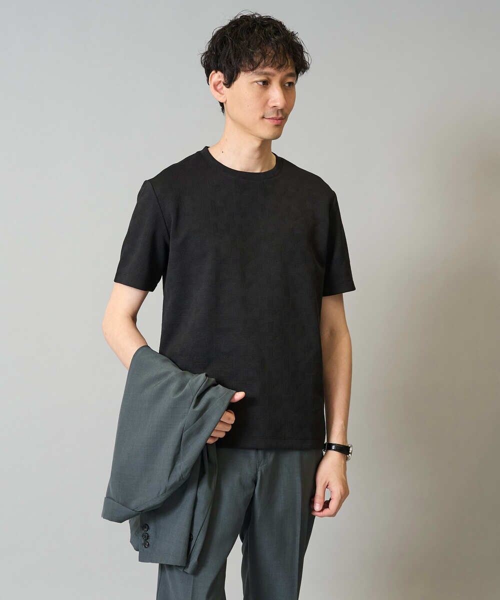 KHKHA71044 a.v.v MEN(アー・ヴェ・ヴェ) 【接触冷感/イージーケア】キカジャカードクルーネックカットソー〈SMART SERIES〉通勤　ビジネス　ジャケット ブラック