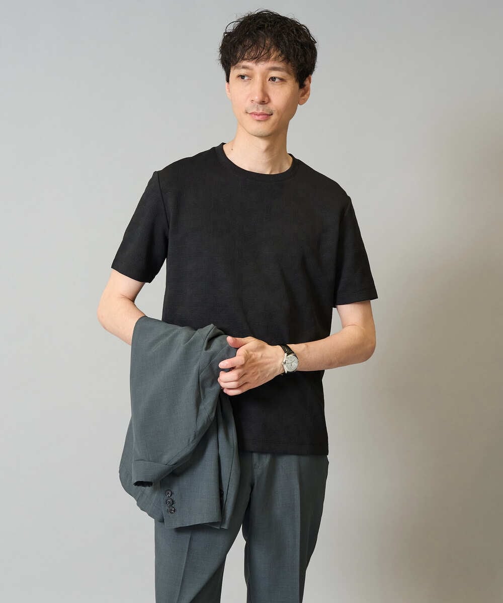 KHKHA71044 a.v.v MEN(アー・ヴェ・ヴェ) 【接触冷感/イージーケア】キカジャカードクルーネックカットソー〈SMART SERIES〉通勤　ビジネス　ジャケット ブラック