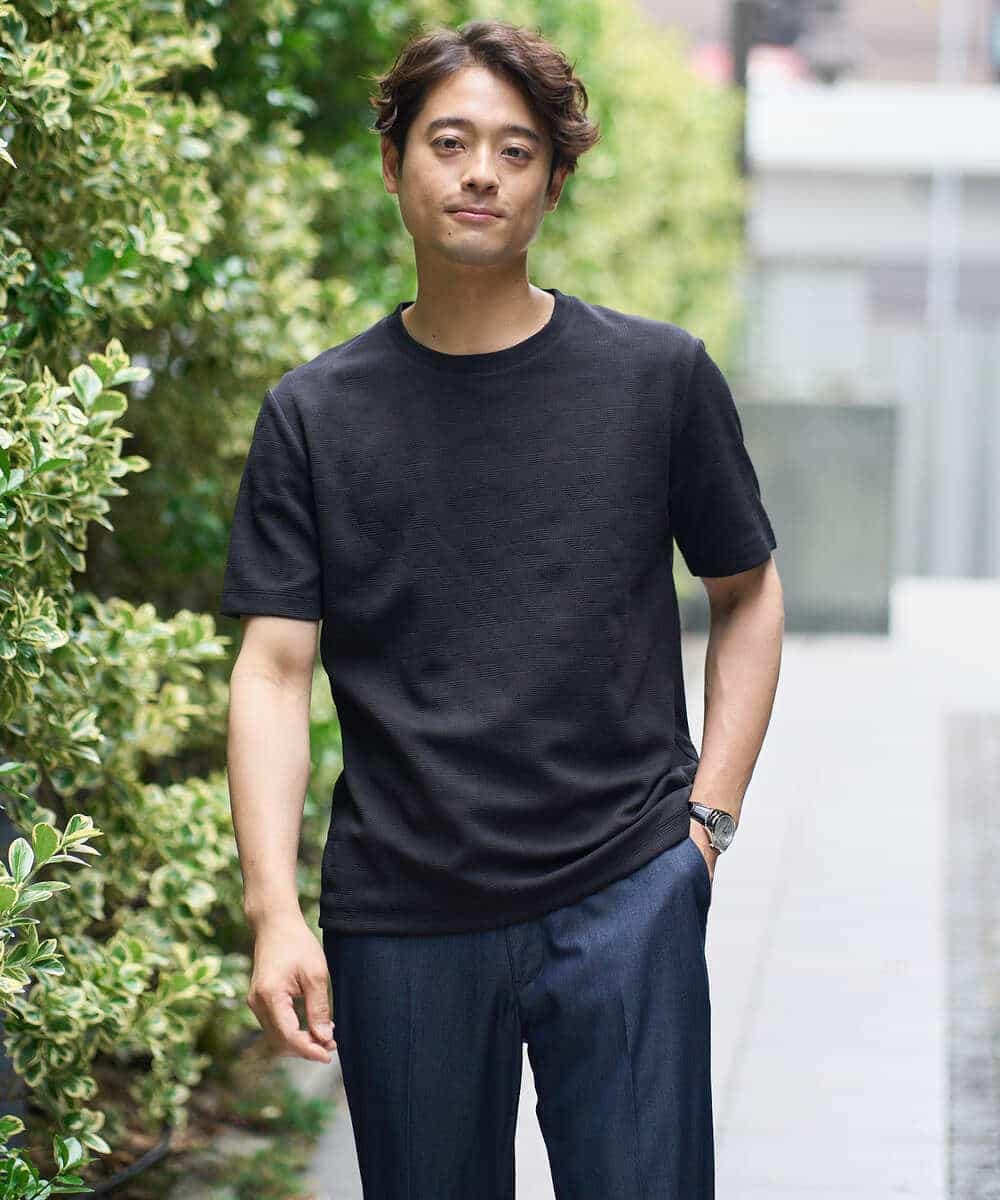 KHKHA71044 a.v.v MEN(アー・ヴェ・ヴェ) 【接触冷感/イージーケア】キカジャカードクルーネックカットソー〈SMART SERIES〉 ブラック