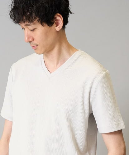 KHKHA77044 a.v.v MEN 【イージーケア/接触冷感/毛玉になりにくい】ストライプジャカードＶネックカットソー〈SMART SERIES〉ビジネス 通勤 ジャケット