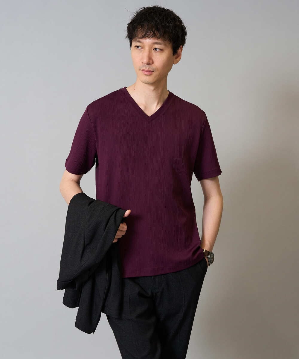 KHKHA77044 a.v.v MEN(アー・ヴェ・ヴェ) 【イージーケア/接触冷感/毛玉になりにくい】ストライプジャカードＶネックカットソー〈SMART SERIES〉ビジネス 通勤 ジャケット ライトグレー