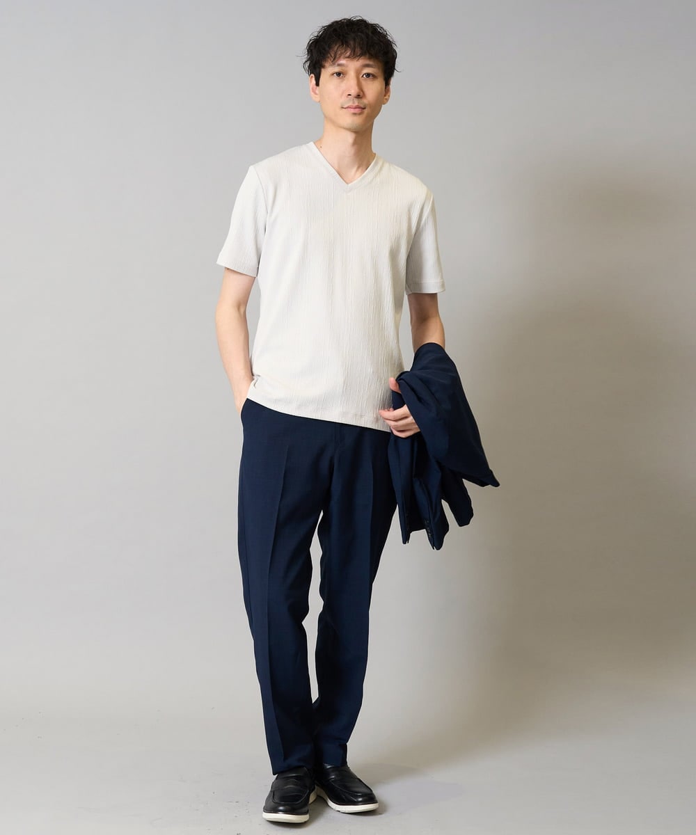KHKHA77044 a.v.v MEN(アー・ヴェ・ヴェ) 【イージーケア/接触冷感/毛玉になりにくい】ストライプジャカードＶネックカットソー〈SMART SERIES〉ビジネス 通勤 ジャケット ライトグレー